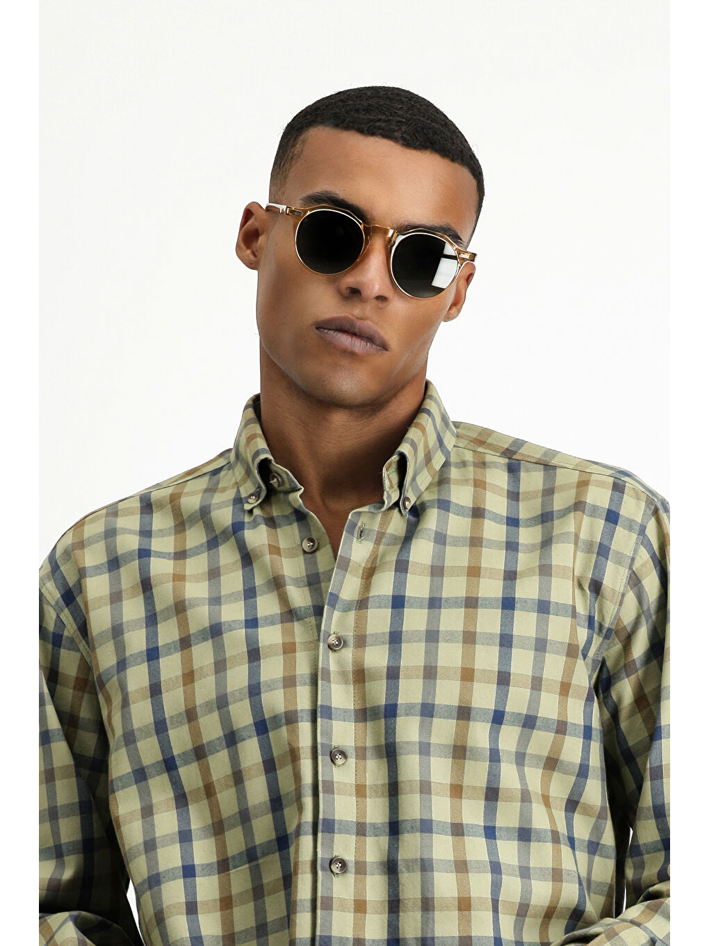 Haki Uzun Kol Regular Fit Ekose Spor Pamuk Düğmeli Yaka %100 Pamuk Gömlek-2