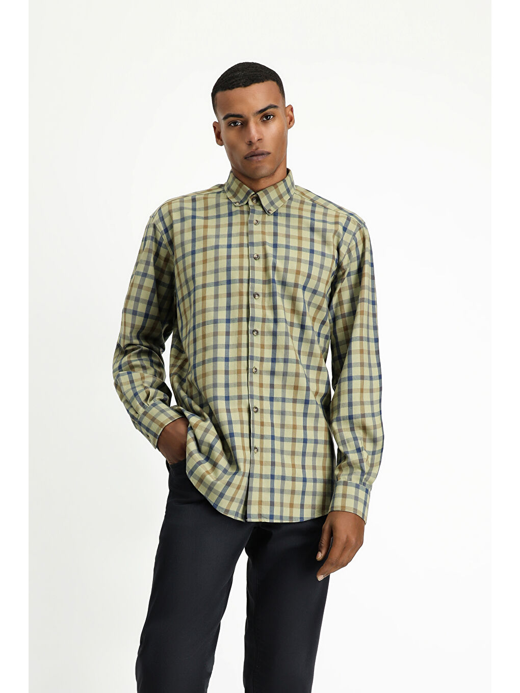 Haki Uzun Kol Regular Fit Ekose Spor Pamuk Düğmeli Yaka %100 Pamuk Gömlek-3