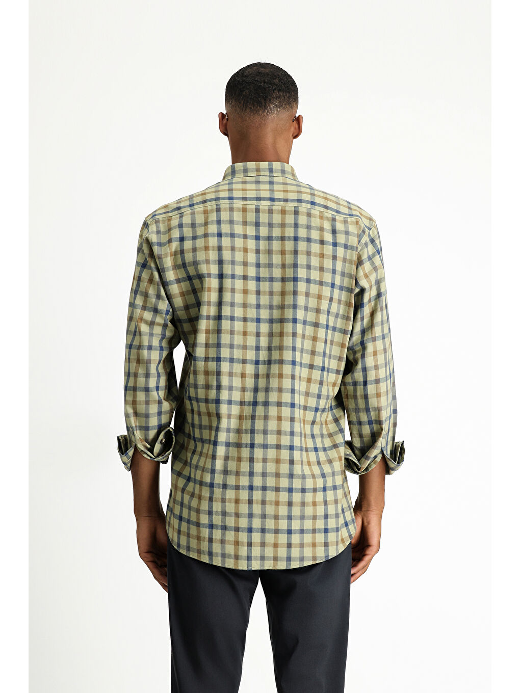 Haki Uzun Kol Regular Fit Ekose Spor Pamuk Düğmeli Yaka %100 Pamuk Gömlek-4