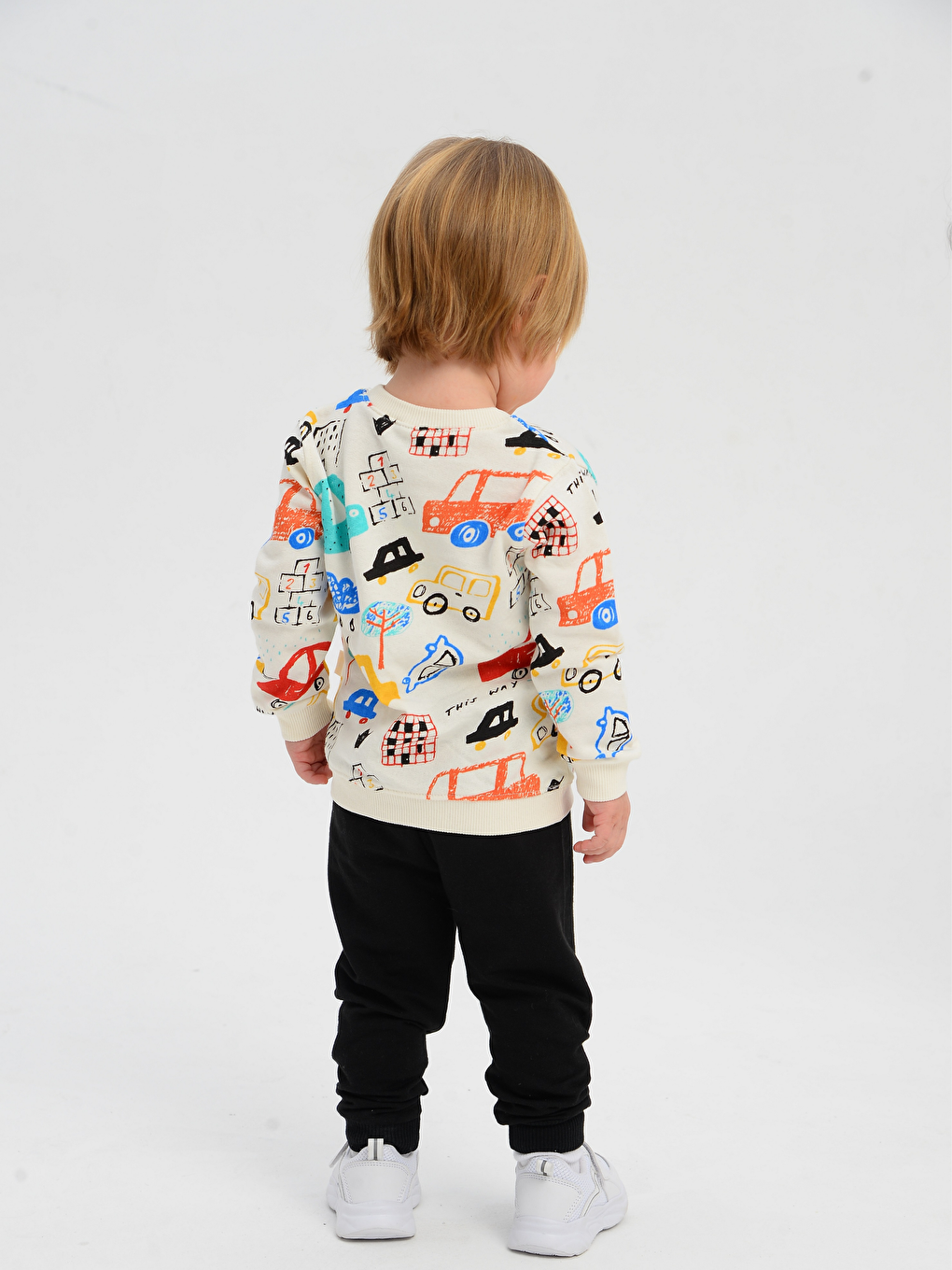 Ekru Bisiklet Yaka Baskılı Erkek Bebek Sweatshirt ve Eşofman Alt 2'li-1