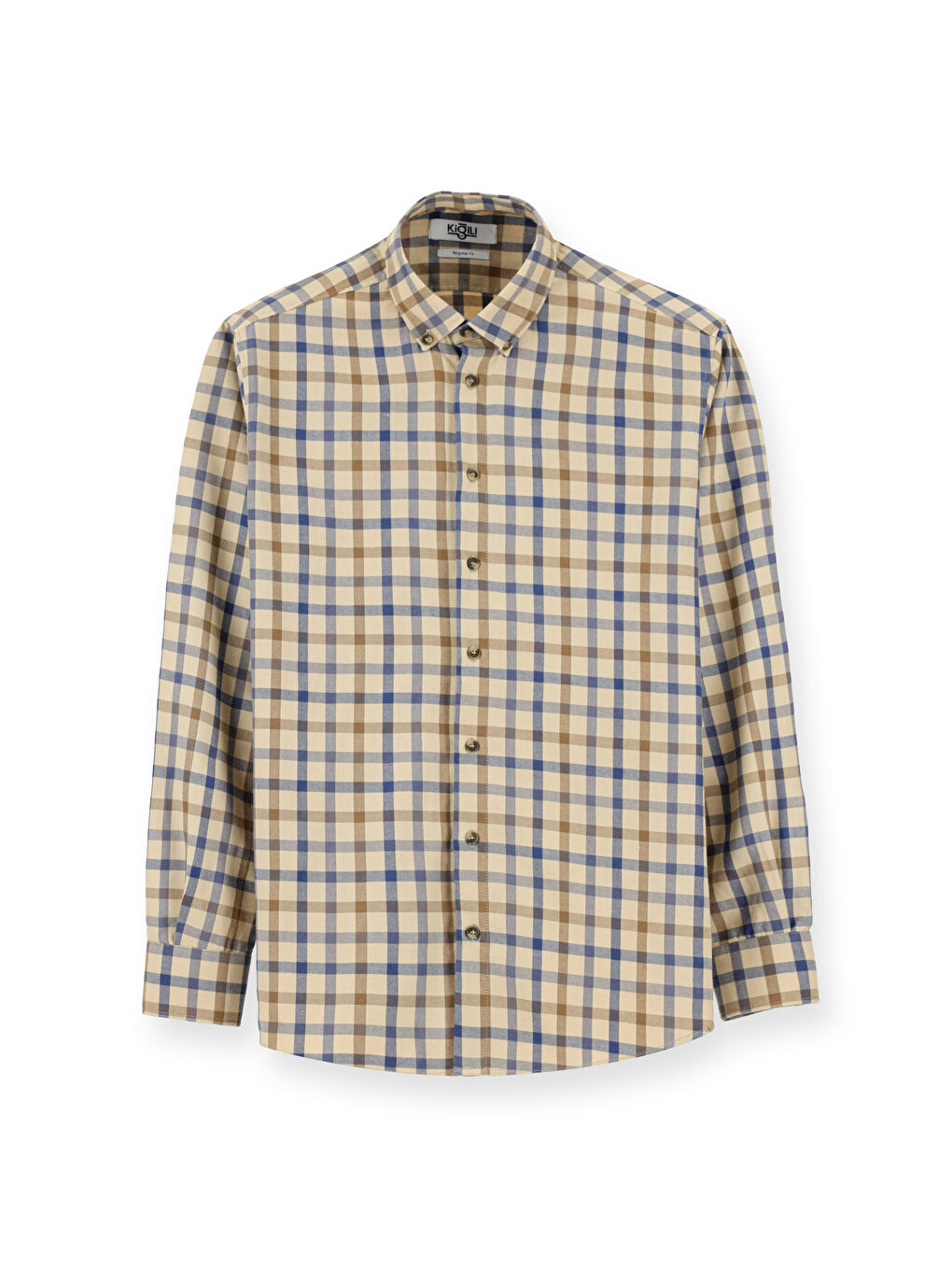 Bej Uzun Kol Regular Fit Ekose Spor Pamuk Düğmeli Yaka %100 Pamuk Gömlek-5