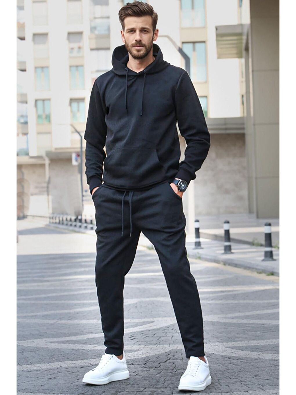 Siyah kapüşonlu Basic Eşofman Takımı 5903-1