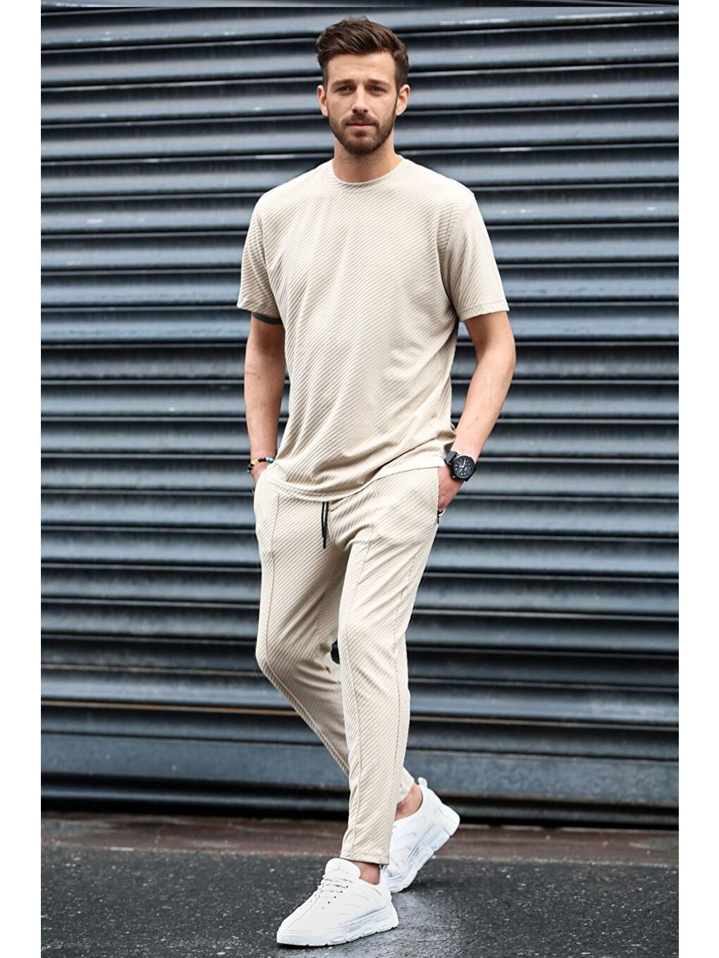Bej Waffle Kumaş Erkek Tişört Takım