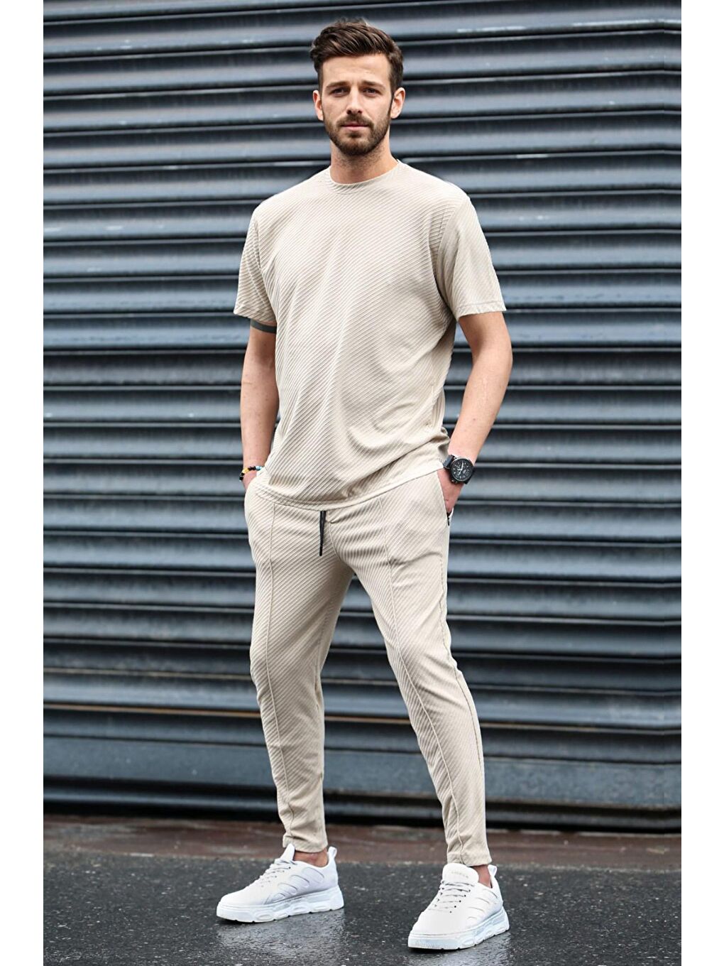 Bej Waffle Kumaş Erkek Tişört Takım-1