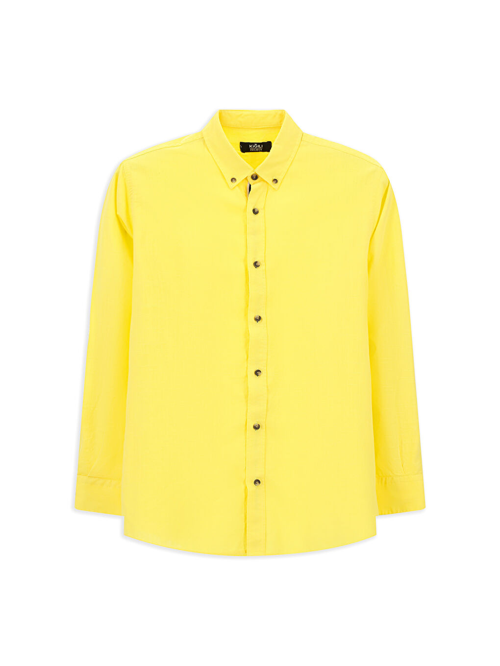 Sarı Uzun Kol Regular Fit Düğmeli Yaka Keten Görünümlü Spor Pamuk Gömlek-6