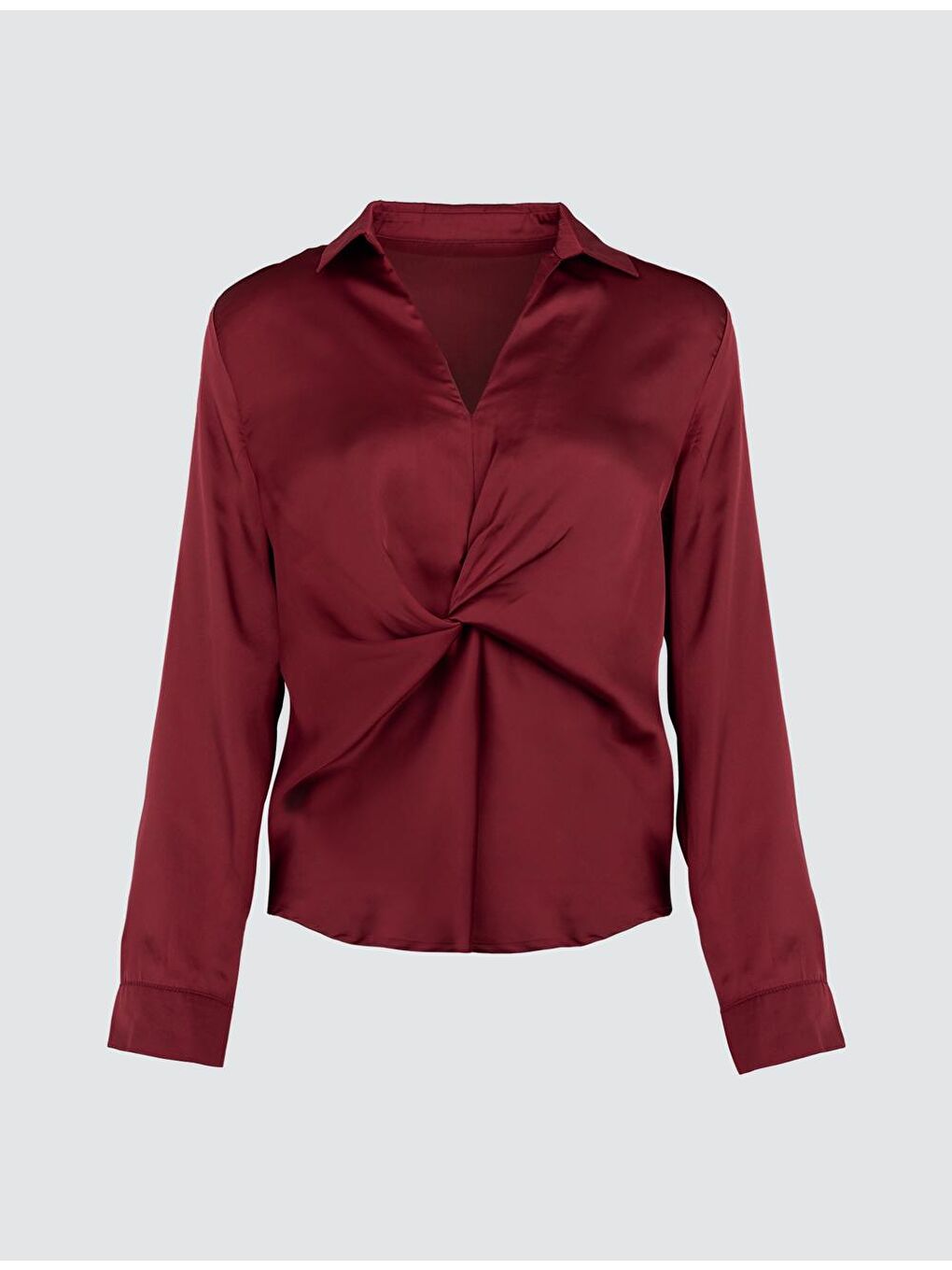 Bordo V Yaka Uzun Kollu Saten Bluz-6