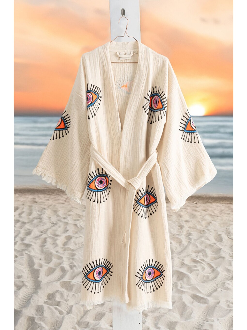Ekru Organik %100 Pamuk Kimono Yaka Sabalık Bornoz Plaj Elbisesi - Göz - L/xl Krem/l/xl