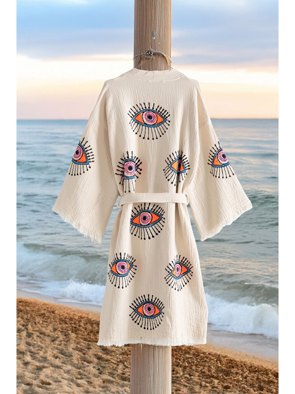 Ekru Organik %100 Pamuk Kimono Yaka Sabalık Bornoz Plaj Elbisesi - Göz - L/xl Krem/l/xl-1