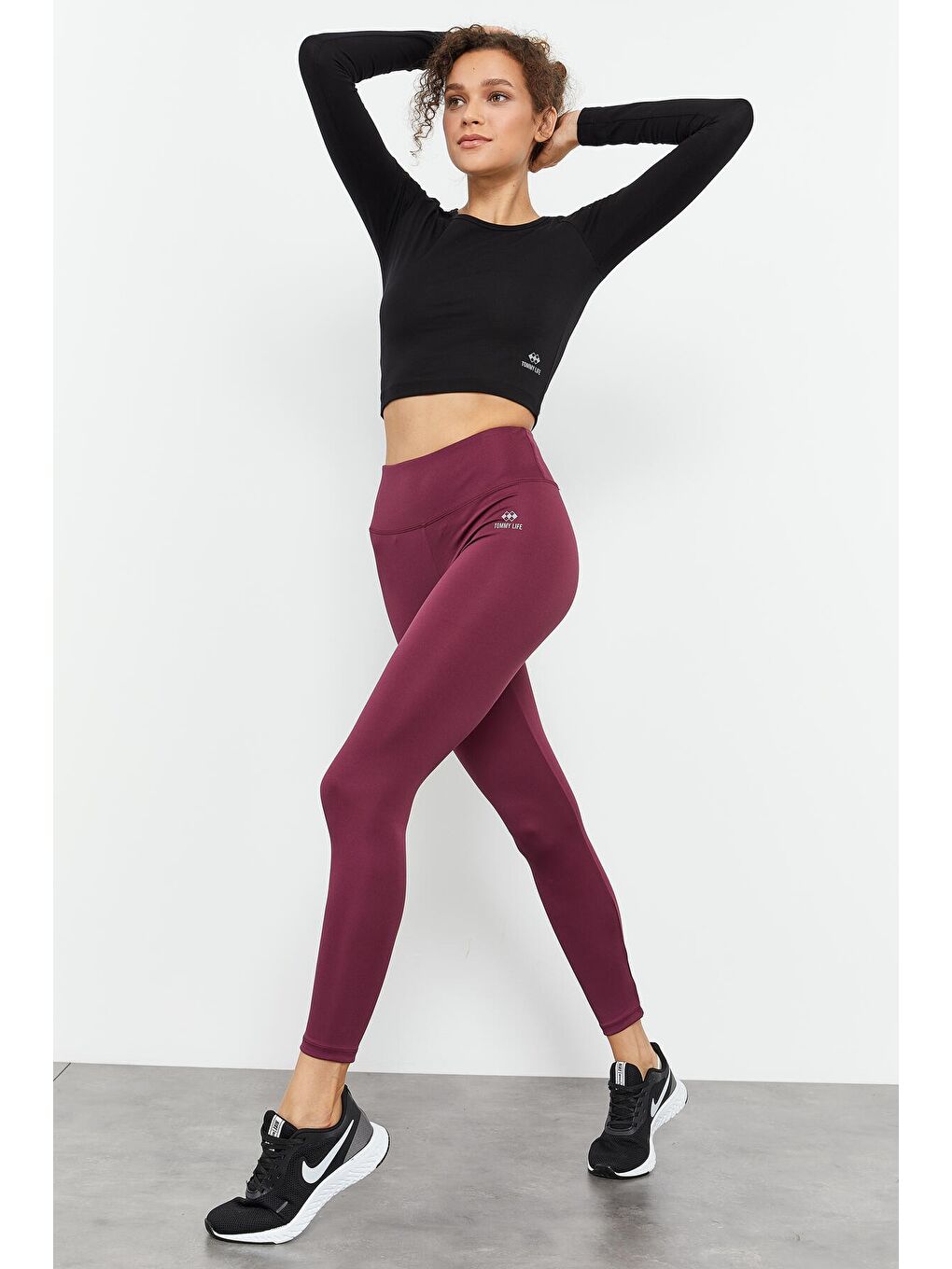 Bordo Yüksek Bel Streç Slim Fit Dar Paça Kadın Tayt - 94545-4