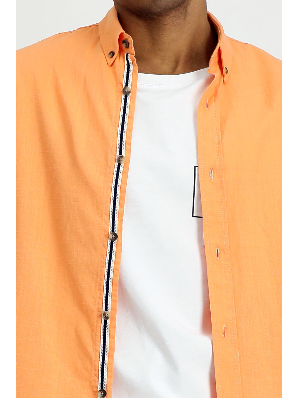 Turuncu Uzun Kol Regular Fit Düğmeli Yaka Keten Görünümlü Spor Pamuk Gömlek-6