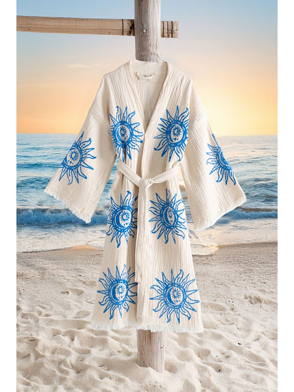 Mavi Organik %100 Pamuk Kimono Yaka Sabalık Bornoz Plaj Elbisesi - Heliona v2 - L/XL KREM/L/XL