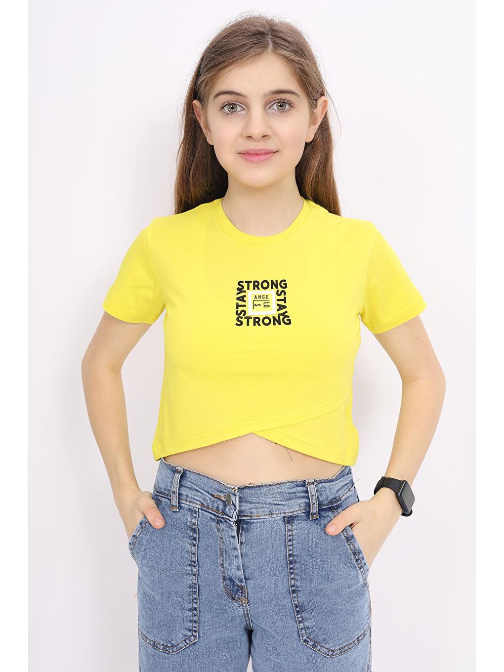 Sarı Kız Çocuk Çapraz Modelli Crop T-Shirt 9-14 Yaş Lx232