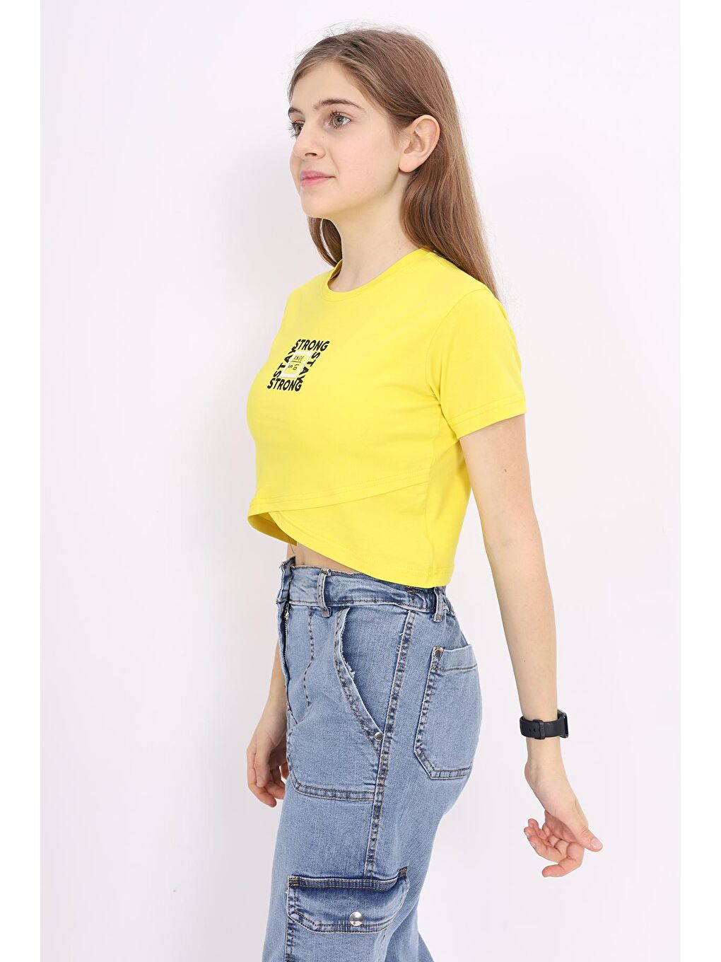 Sarı Kız Çocuk Çapraz Modelli Crop T-Shirt 9-14 Yaş Lx232-1