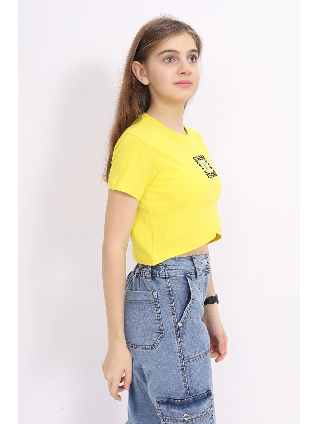 Sarı Kız Çocuk Çapraz Modelli Crop T-Shirt 9-14 Yaş Lx232-2