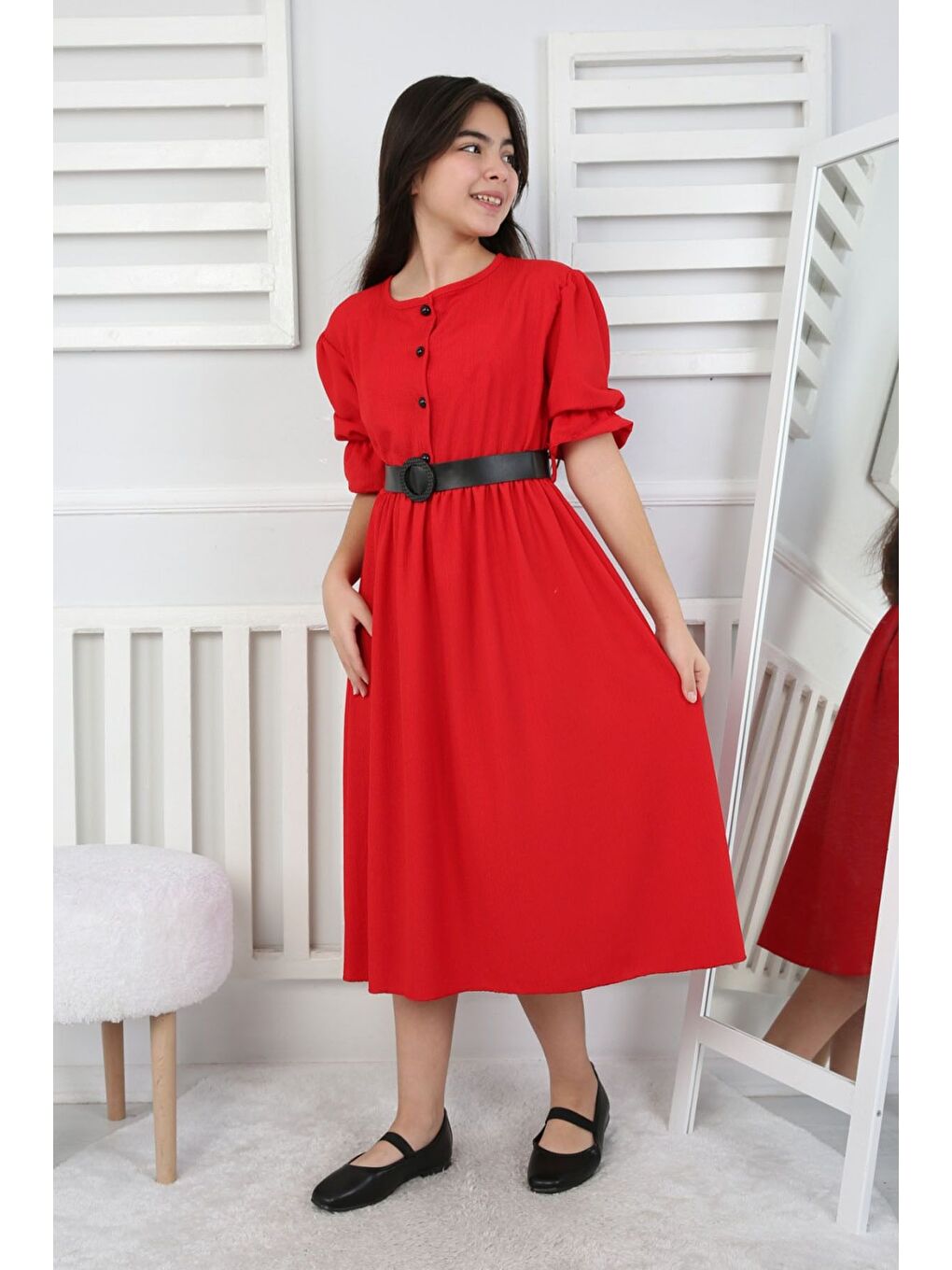Kırmızı Beli Büzgü Ve Kemerli Kız Çocuk Elbise