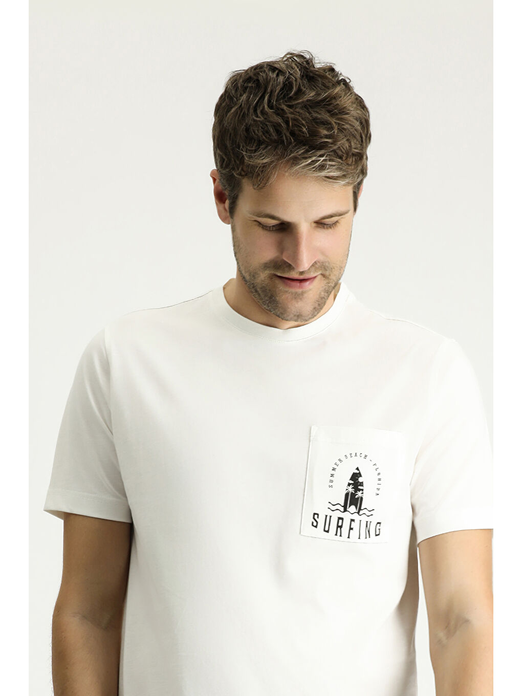 Ekru Bisiklet Yaka Regular Fit Baskılı Süprem Pamuk Tişört-2