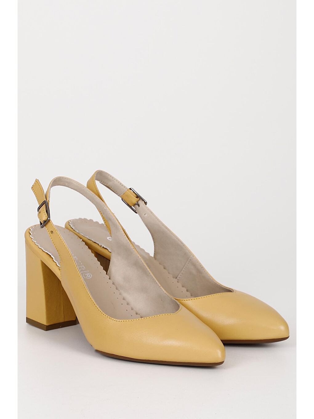 Sarı HARDAL SARI  Hakiki Deri Sivri Burun Yüksek Kalın Topuklu Arkası Açık Kadın Yazlık Ayakkabı 24174-4