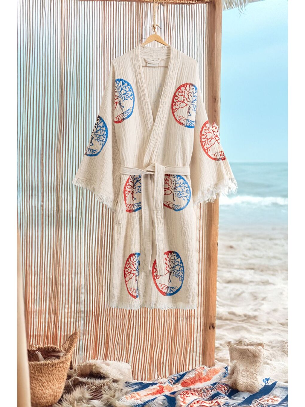 Ekru Organik %100 Pamuk Kimono Yaka Sabalık Bornoz Plaj Elbisesi - Dualis - S/M KREM/S/M
