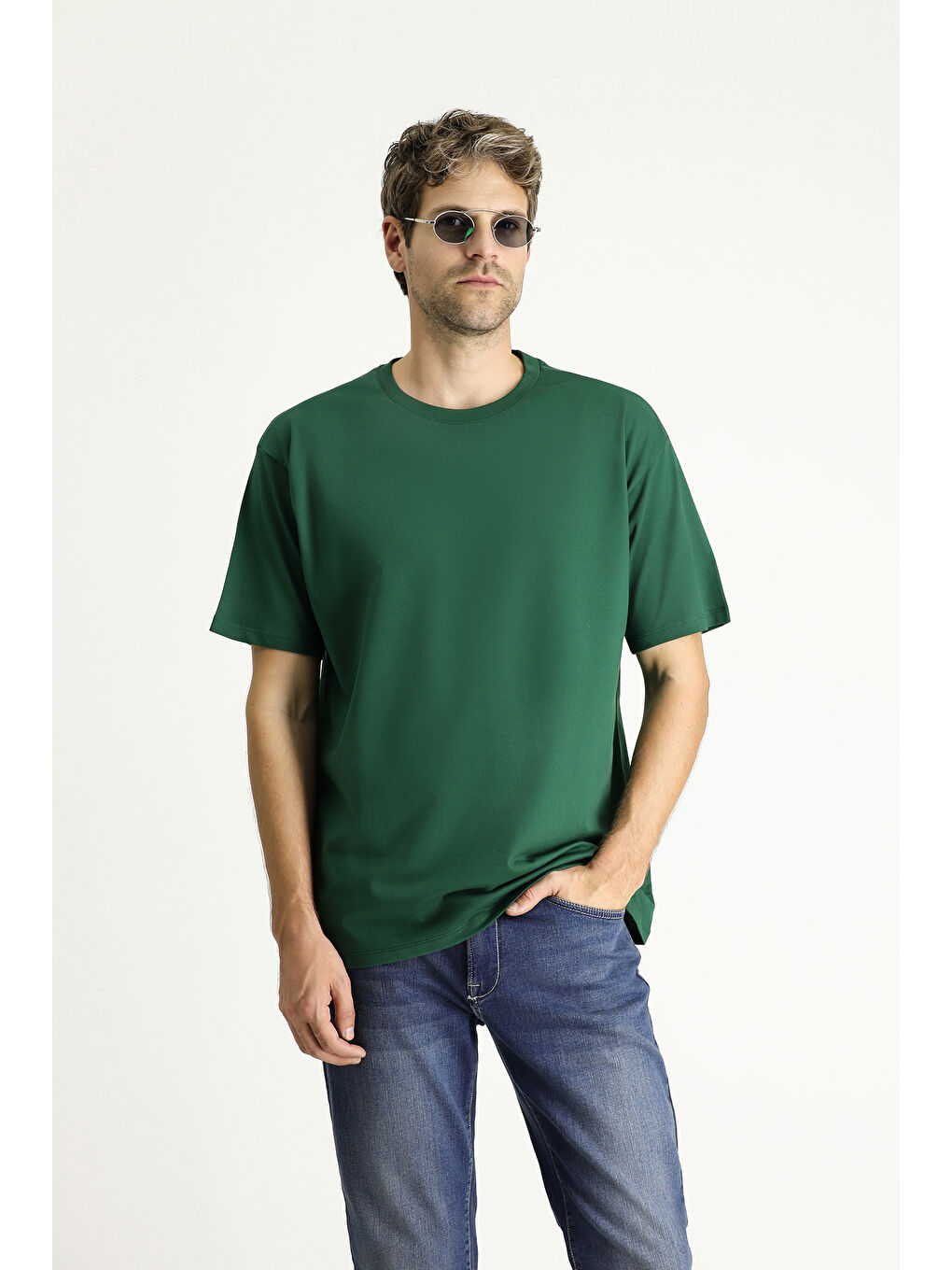 Yeşil Bisiklet Yaka Oversize Süprem Pamuk Tişört-2