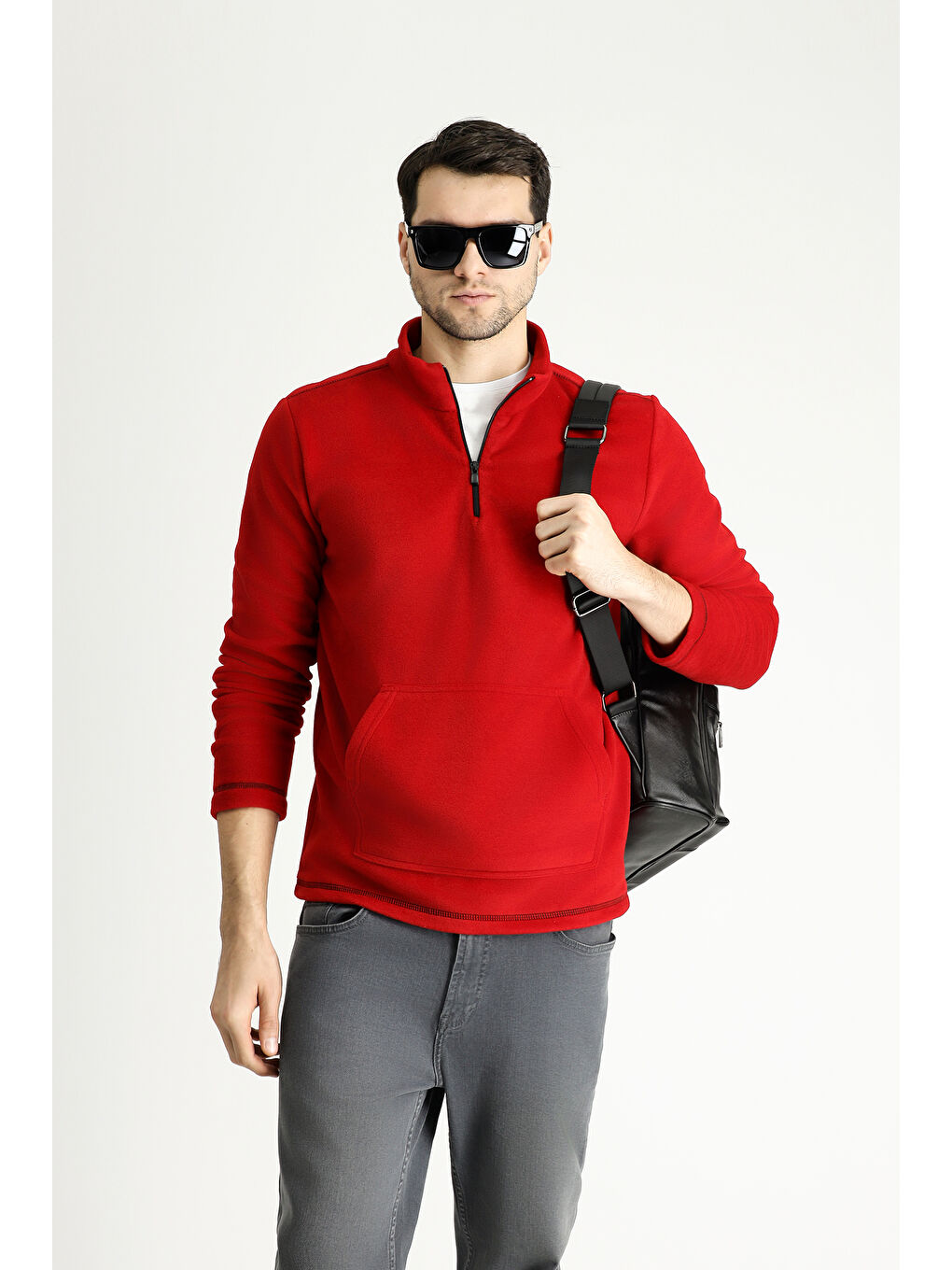 Kırmızı Yarım Fermuarlı Polar Büyük Beden Sweatshirt-2