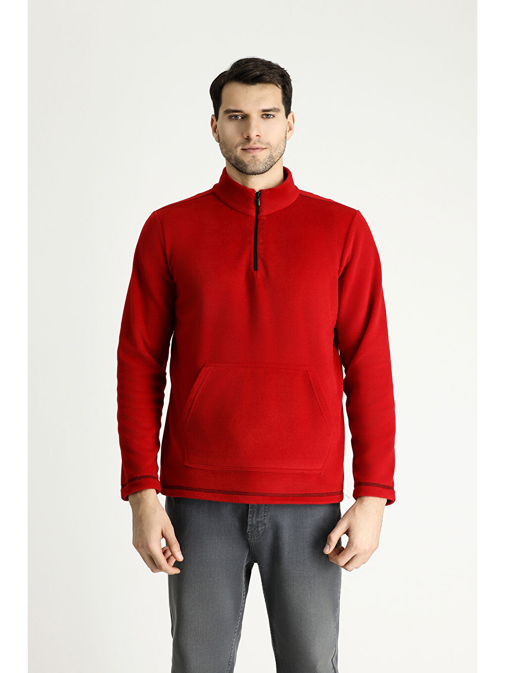 Kırmızı Yarım Fermuarlı Polar Büyük Beden Sweatshirt-3