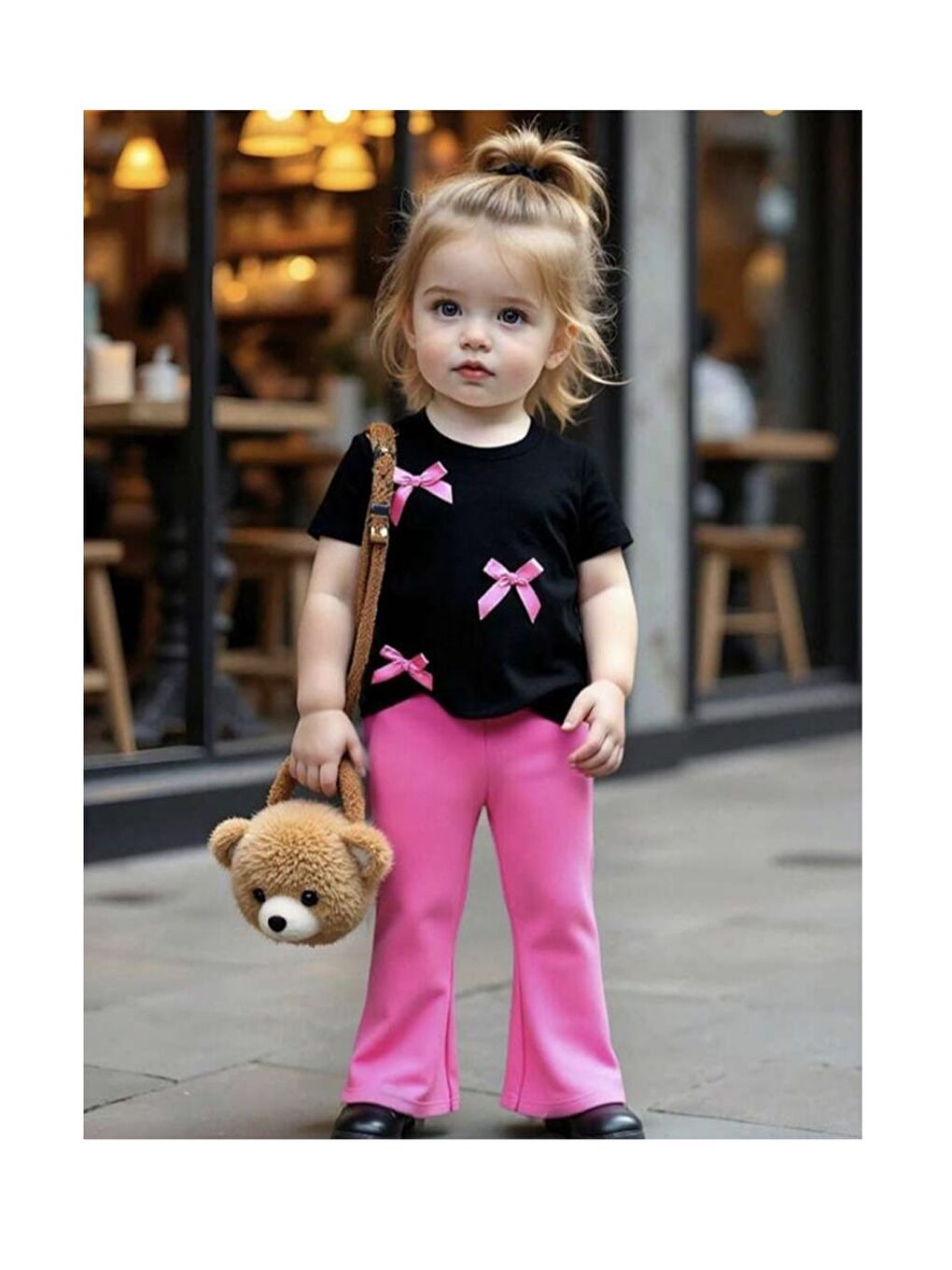 Siyah Kız Çocuk Fiyonk Detaylı Alt Üst Takım