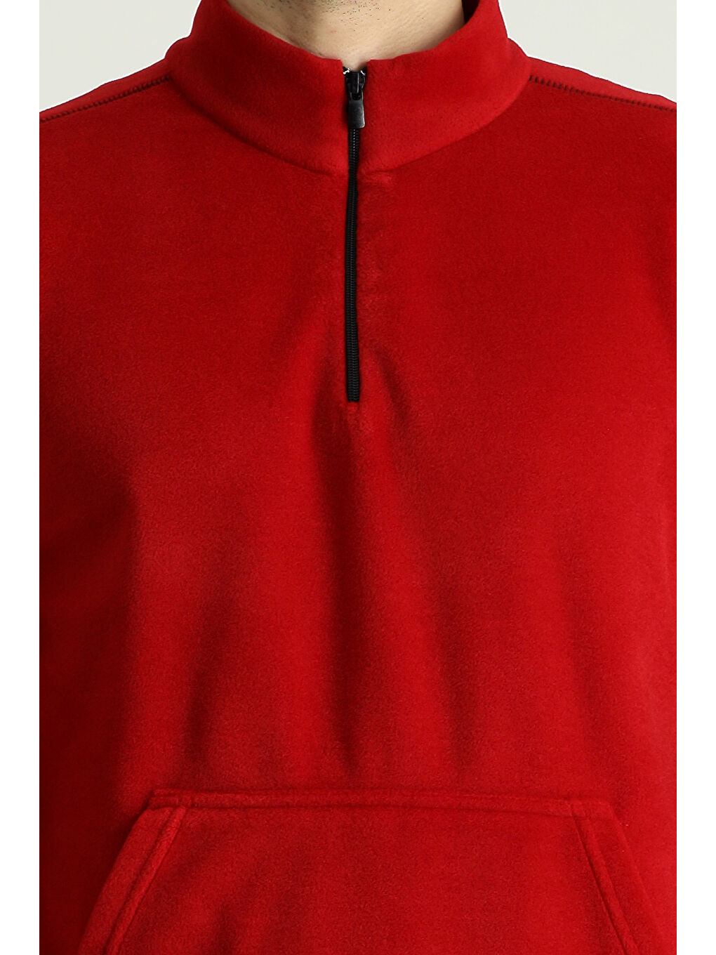 Kırmızı Yarım Fermuarlı Polar Büyük Beden Sweatshirt-5