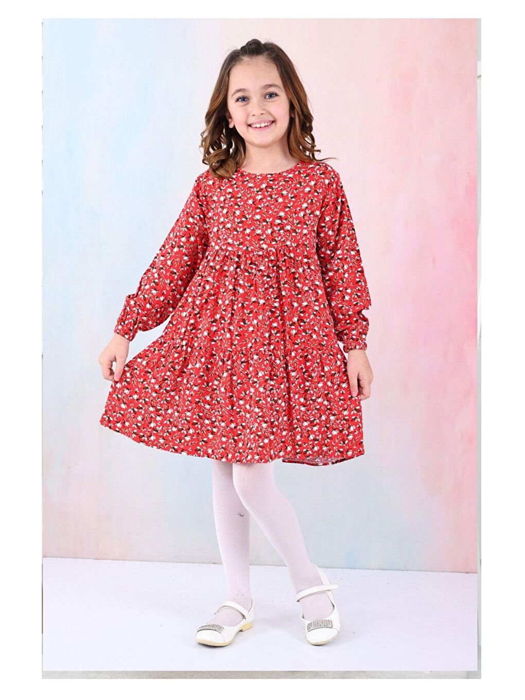 Kırmızı Çicek Desenli Kız Çocuk Elbise