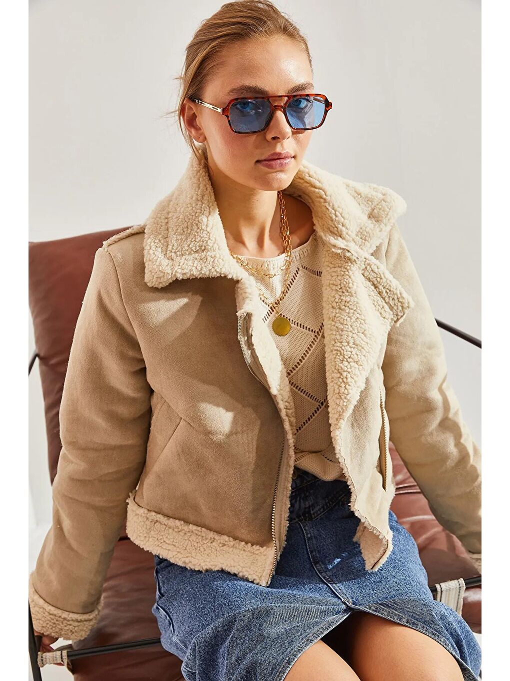 Bej Kadın Lamine Süet Mont