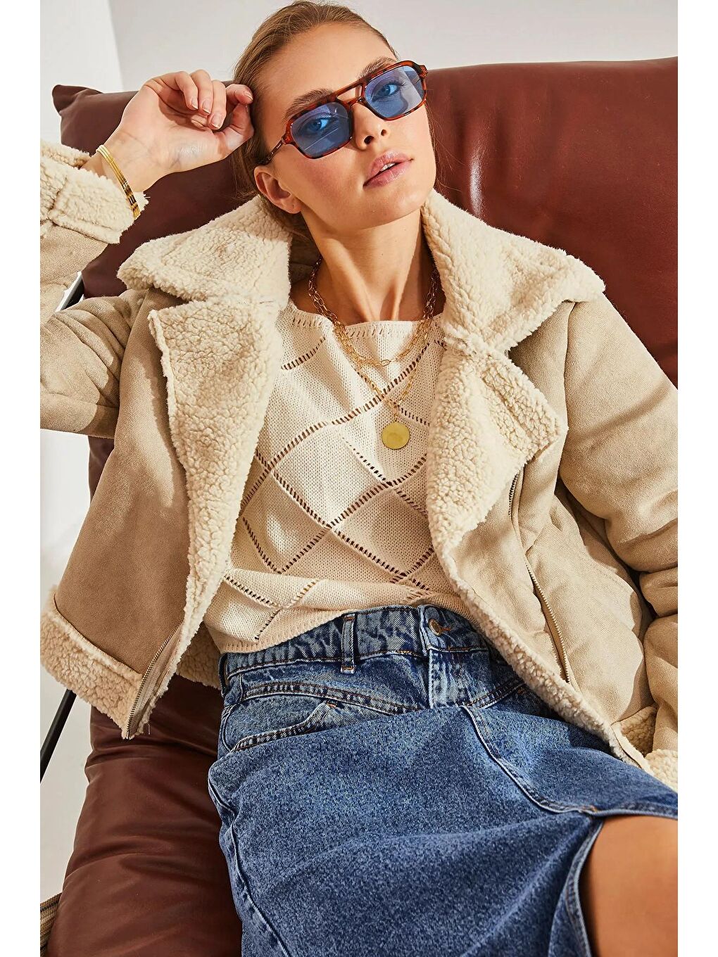 Bej Kadın Lamine Süet Mont-1