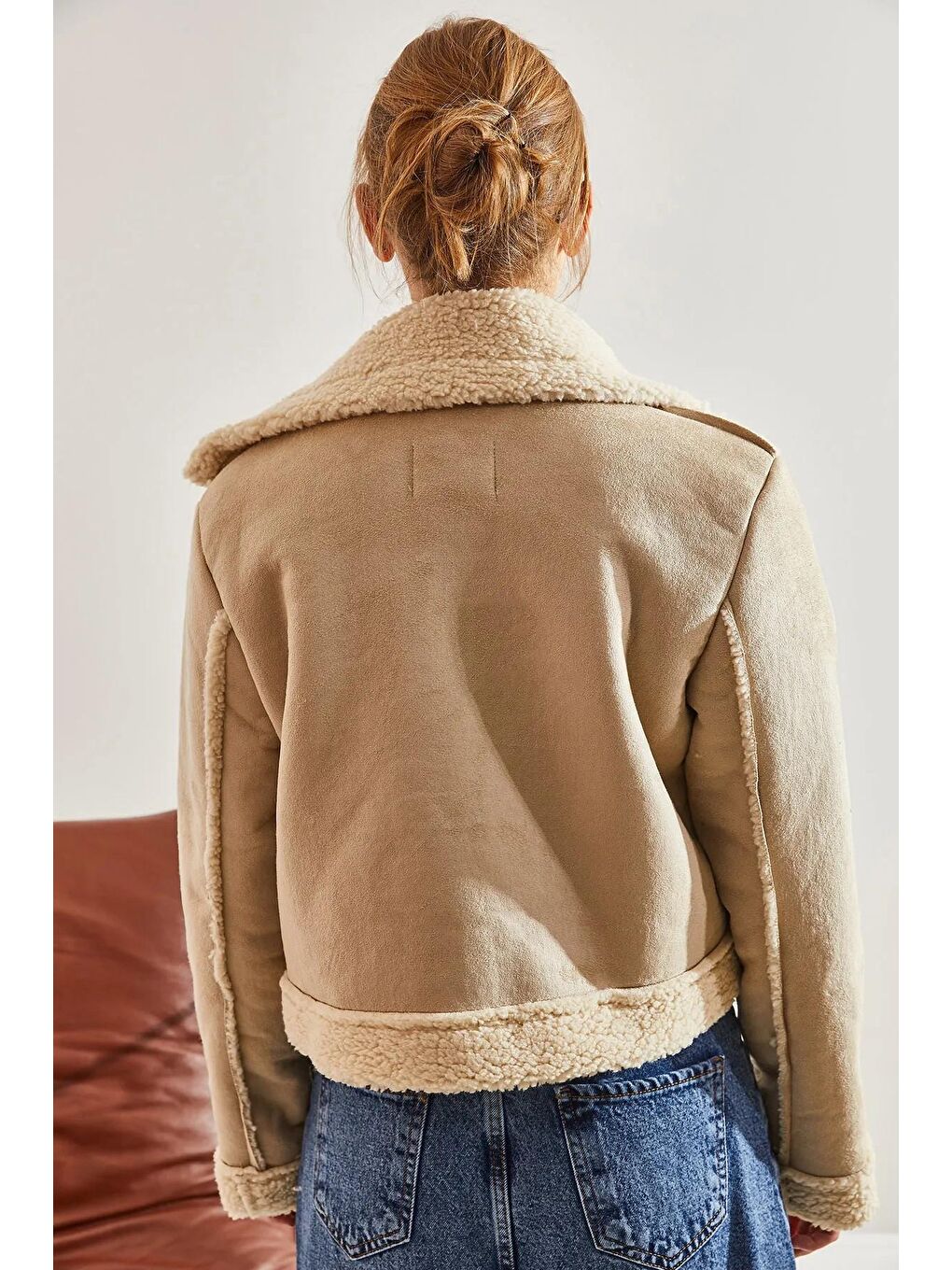 Bej Kadın Lamine Süet Mont-2