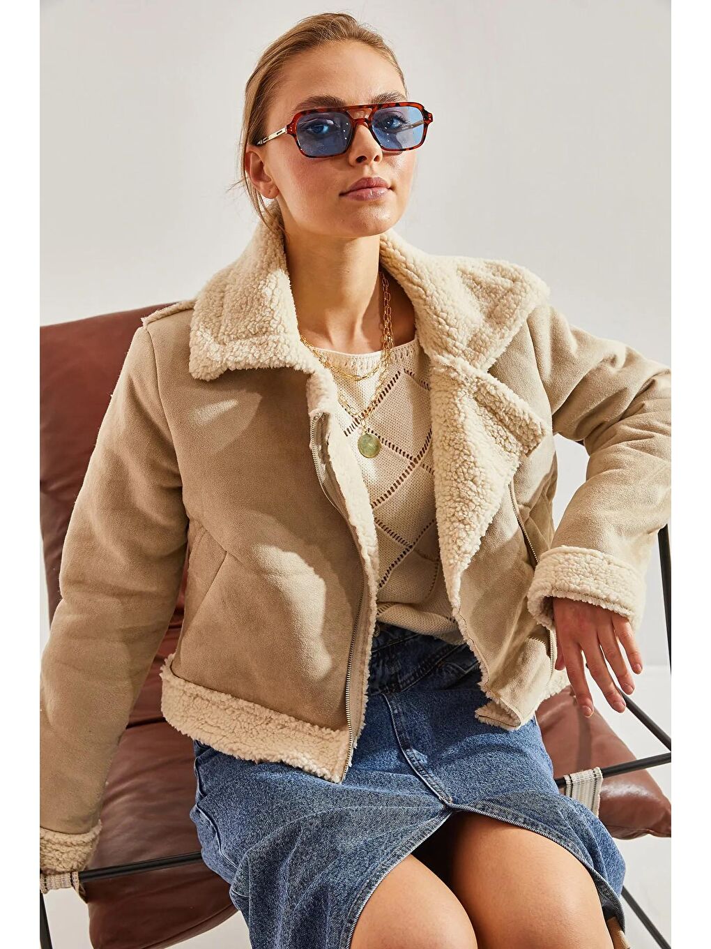 Bej Kadın Lamine Süet Mont-3