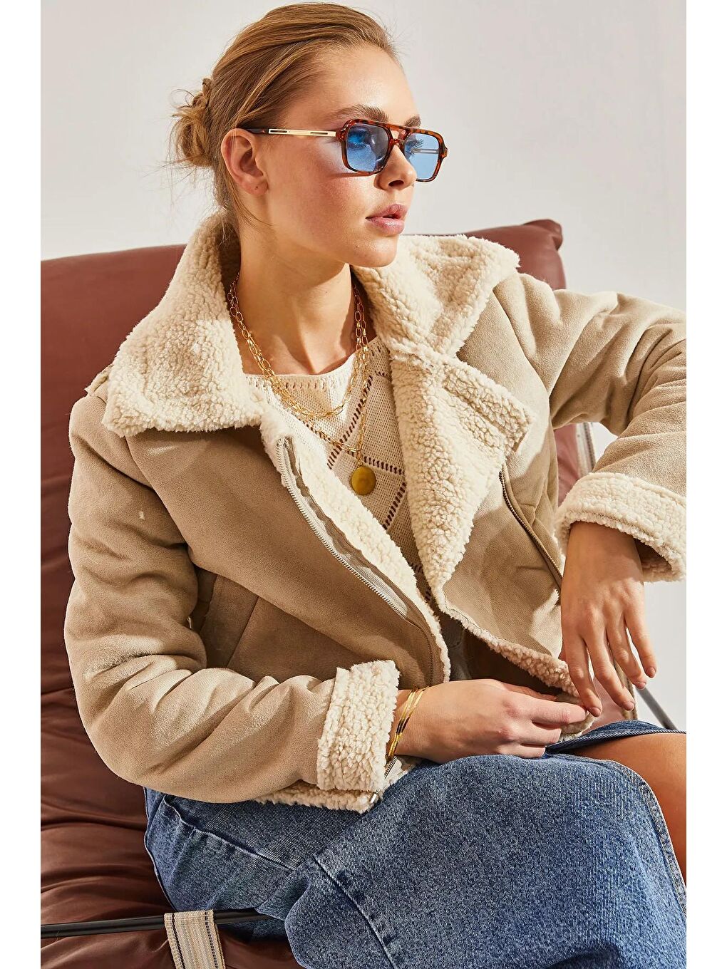 Bej Kadın Lamine Süet Mont-4