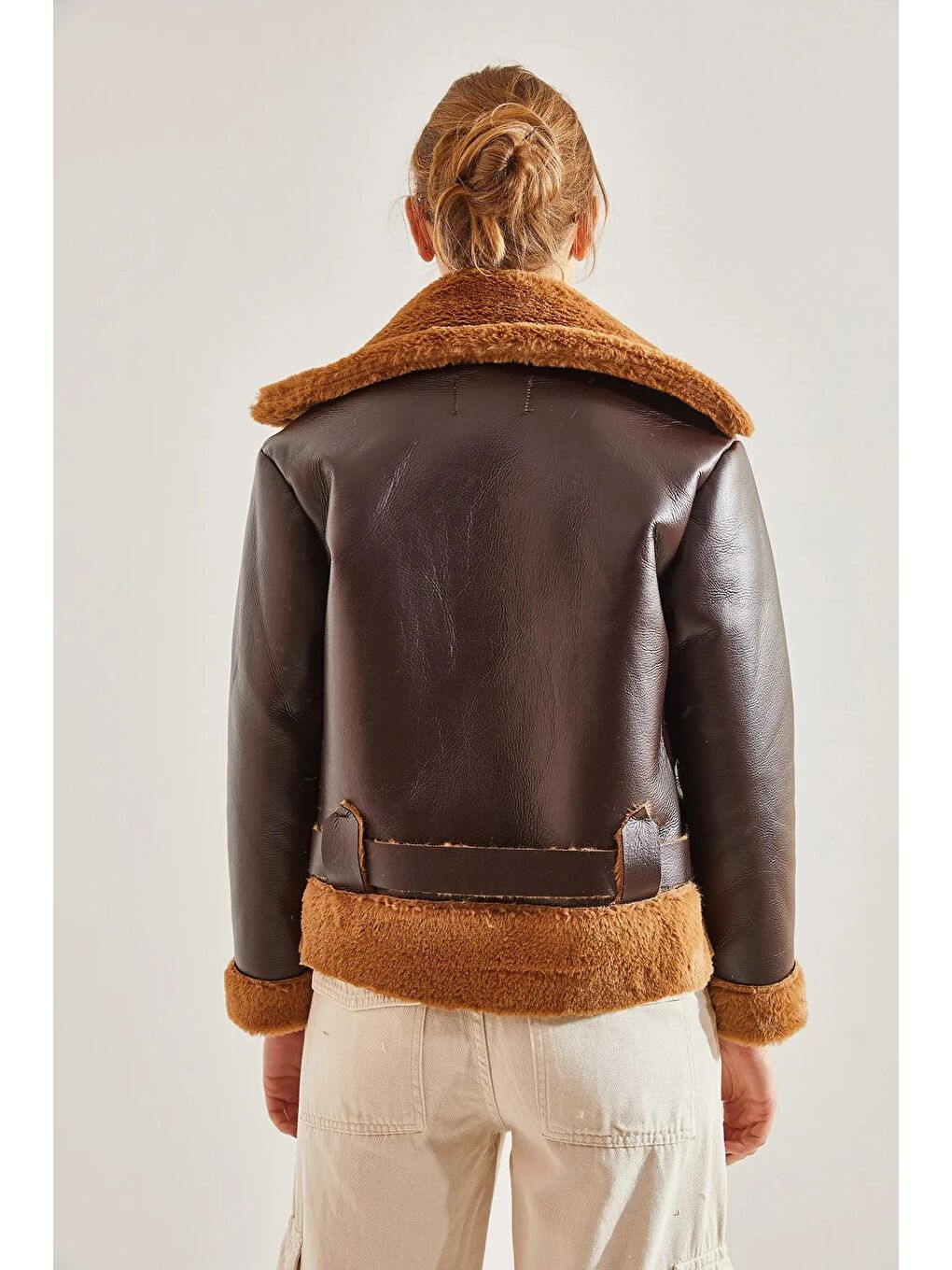 Kahverengi Kadın Kuşaklı Fermuarlı Mont-4