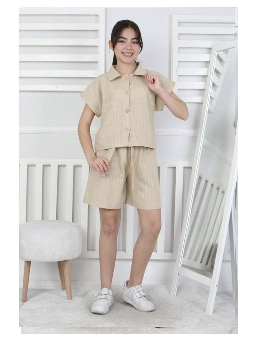 Bej Keten Kız Çocuk Alt Üst Takım