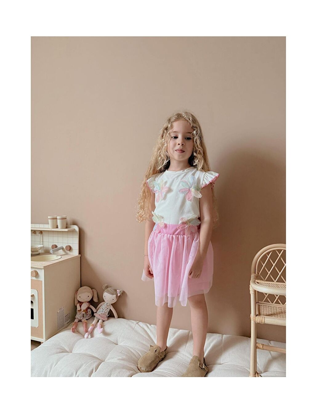 Pembe Zambak Çicekli Kız Çocuk Etekli Takım