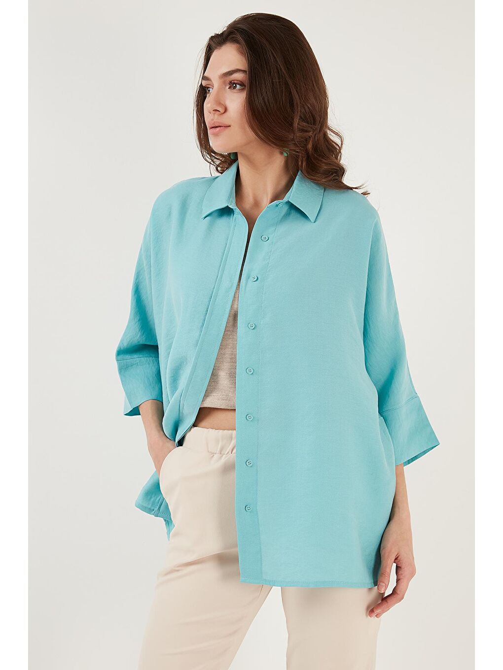 Turkuaz Truvakar Kol Oversize Yazlık Gömlek 514344032-3