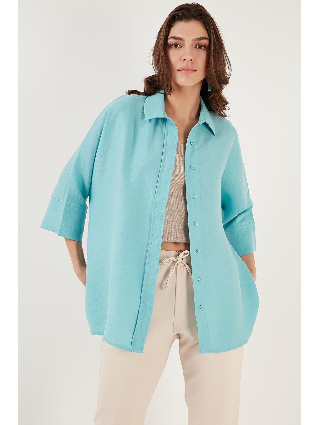 Turkuaz Truvakar Kol Oversize Yazlık Gömlek 514344032-4
