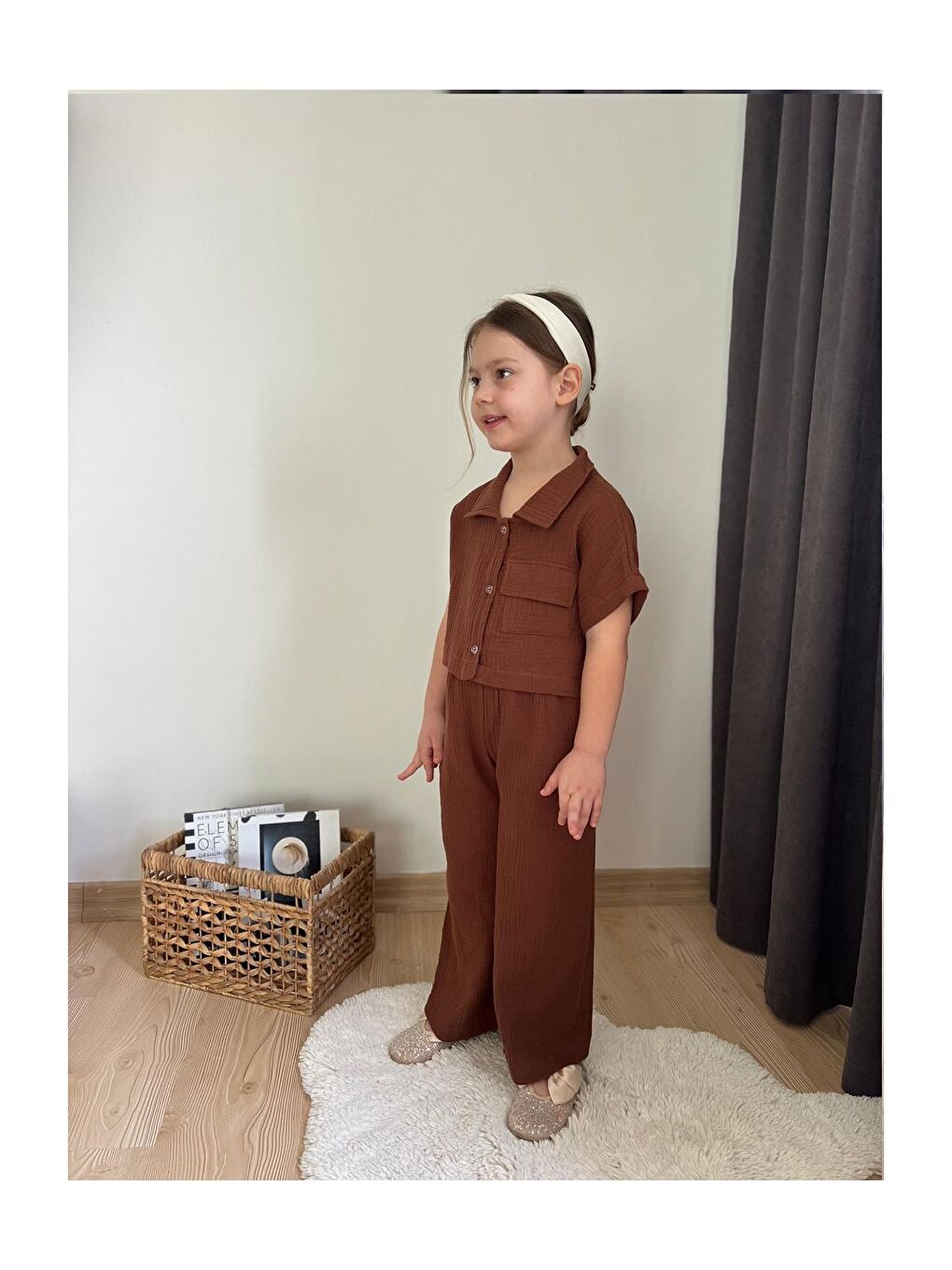 Kahverengi Müslin Kumaş Kız Çocuk Takım