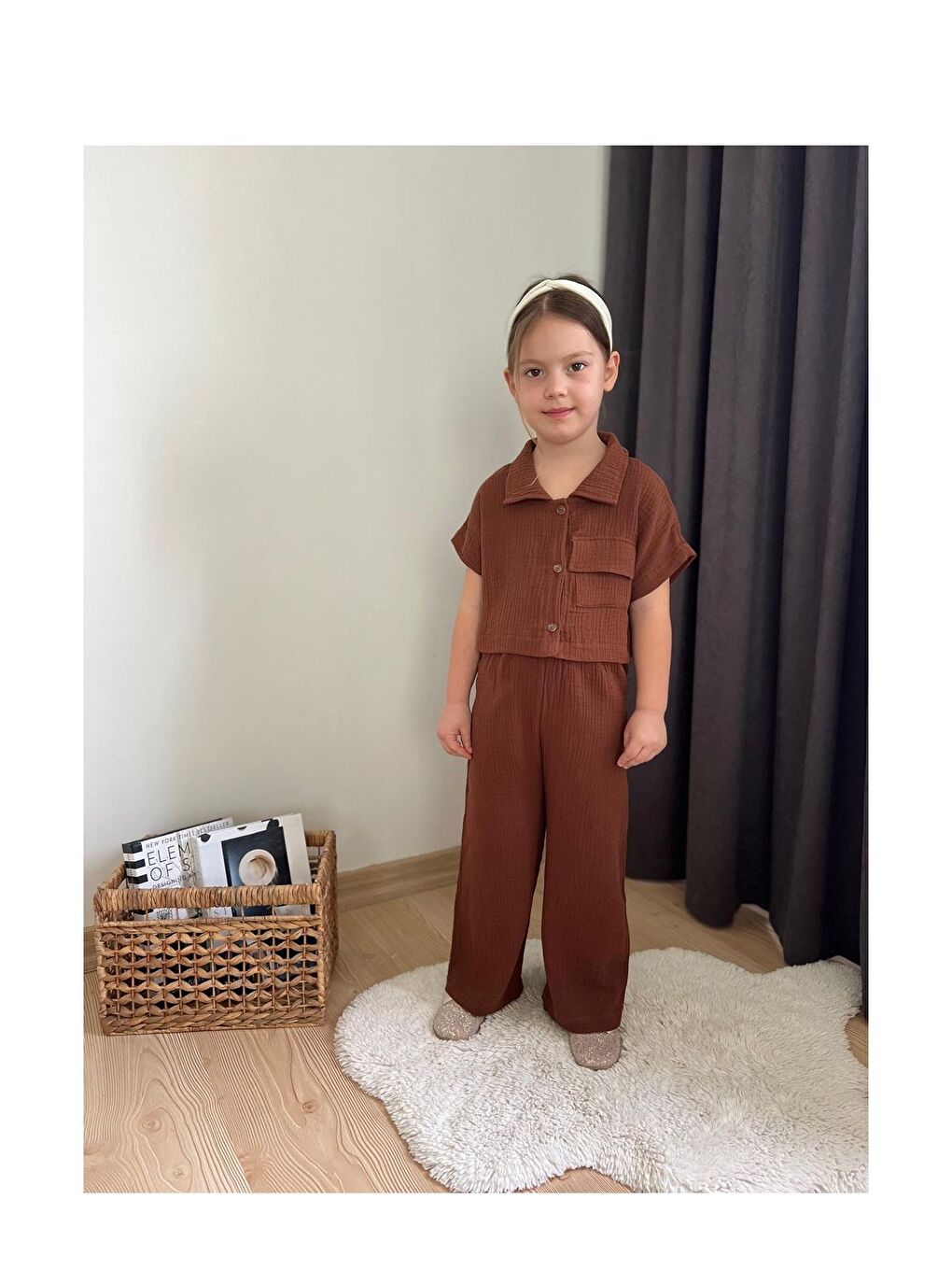 Kahverengi Müslin Kumaş Kız Çocuk Takım-1