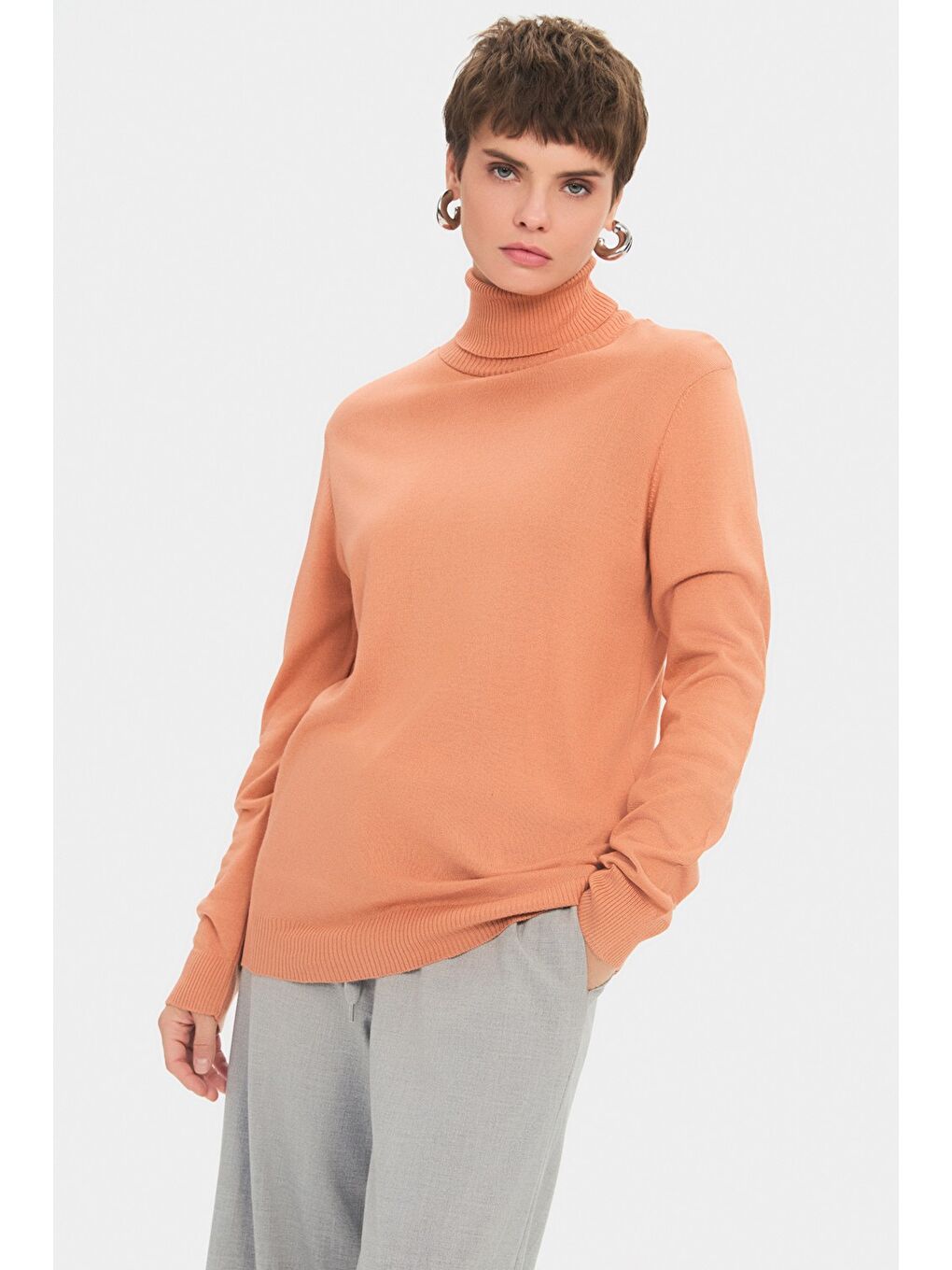 Kahverengi Kadın Exclusive Balıkçı Yaka Viskon Karışımlı Triko Kazak-2