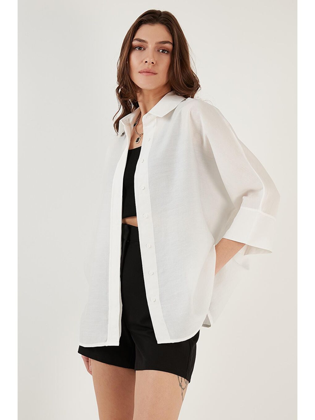 Beyaz Truvakar Kol Oversize Gömlek 51434402-3
