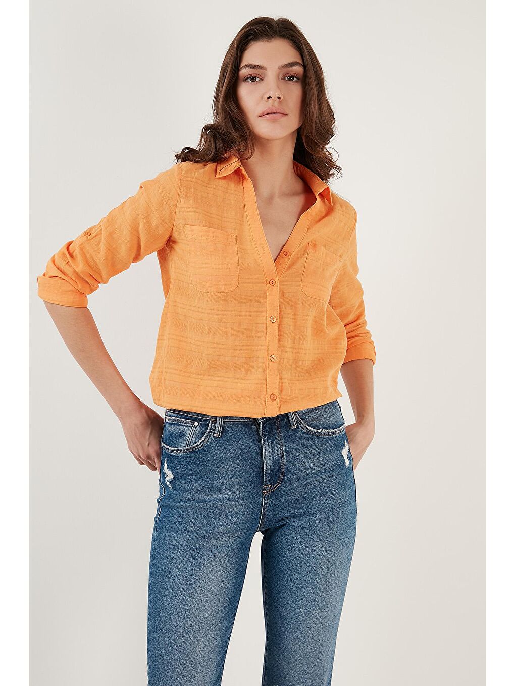 Turuncu Pamuklu Çift Cepli Slim Fit Katlanabilir Kollu İnce Gömlek 514257520-1