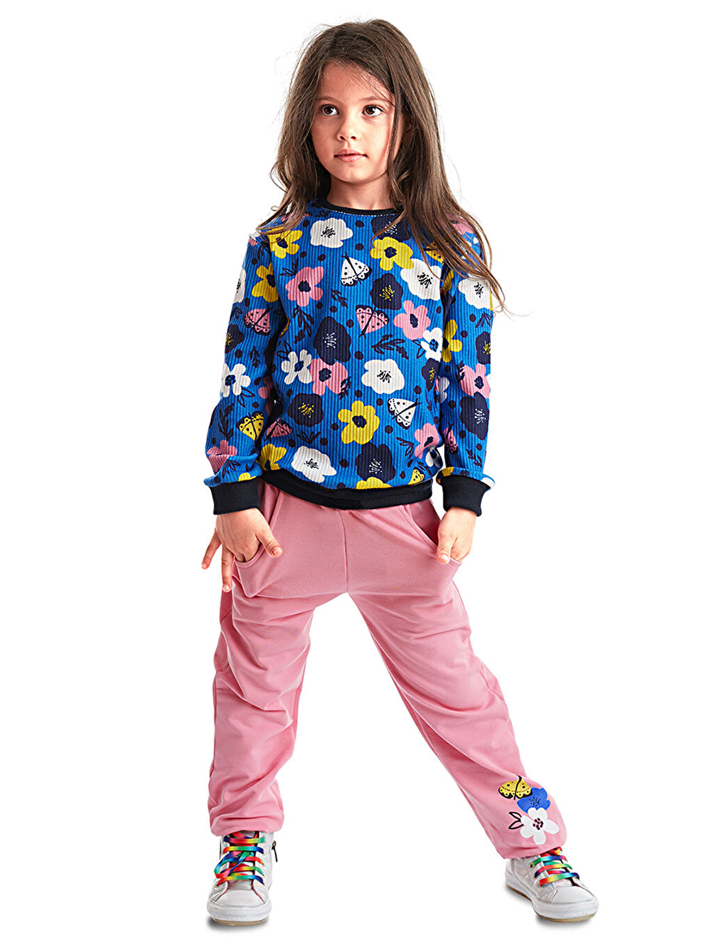 Karışık Çiçekli Kız Çocuk Eşofman Altı Takım