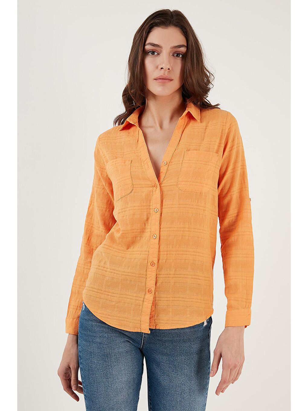 Turuncu Pamuklu Çift Cepli Slim Fit Katlanabilir Kollu İnce Gömlek 514257520-2
