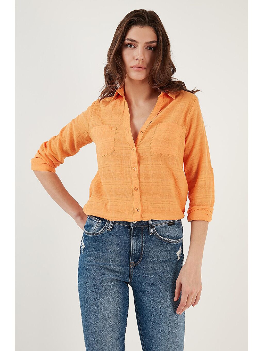 Turuncu Pamuklu Çift Cepli Slim Fit Katlanabilir Kollu İnce Gömlek 514257520-3