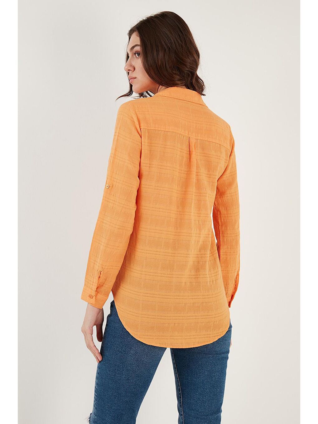 Turuncu Pamuklu Çift Cepli Slim Fit Katlanabilir Kollu İnce Gömlek 514257520-4