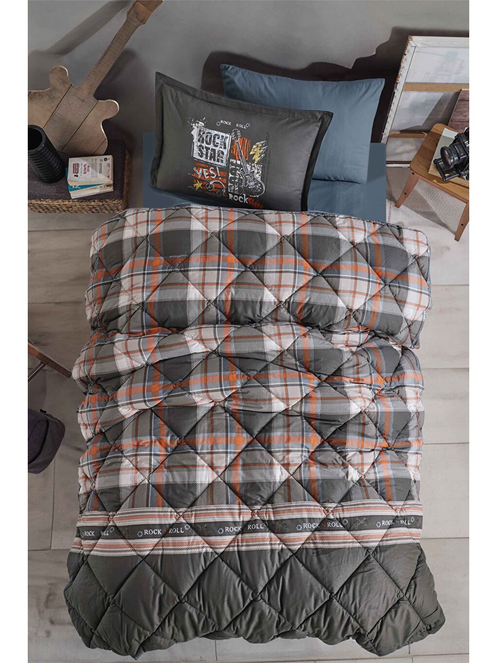 Gri Ranforce %100 Pamuk Tek Kişilik Uyku Seti Rock in Roll