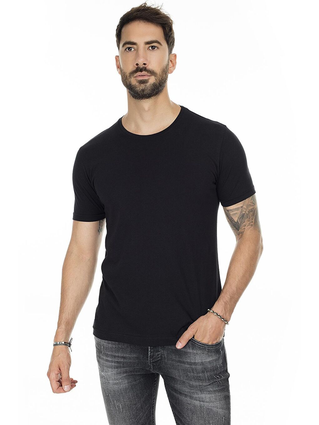 Siyah Basic Bisiklet Yaka Slim Fit 2 Pack Tişört 5722512O2-4