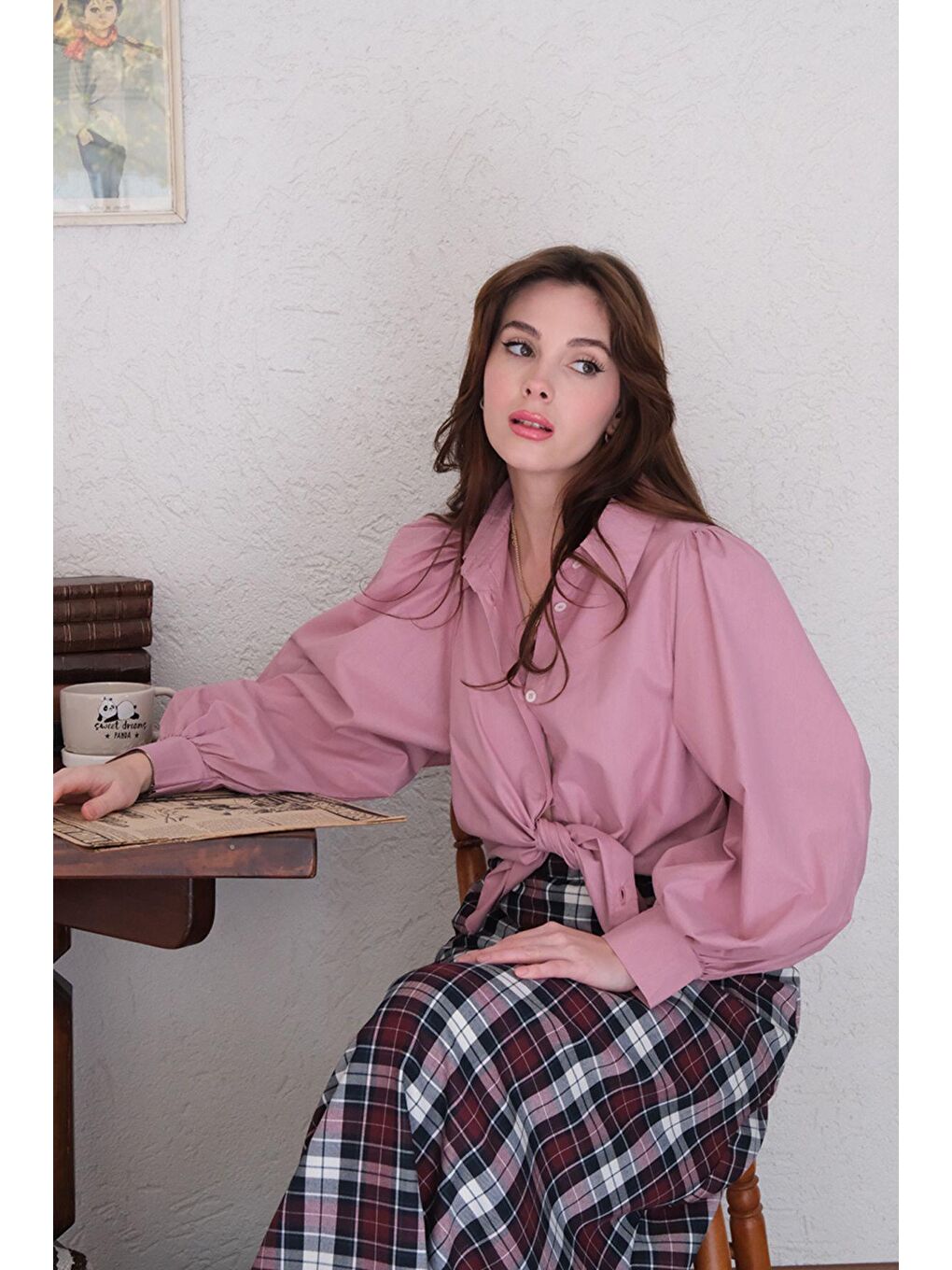 Pembe Gül Kurusu Klasik Yaka Crop Gömlek-1